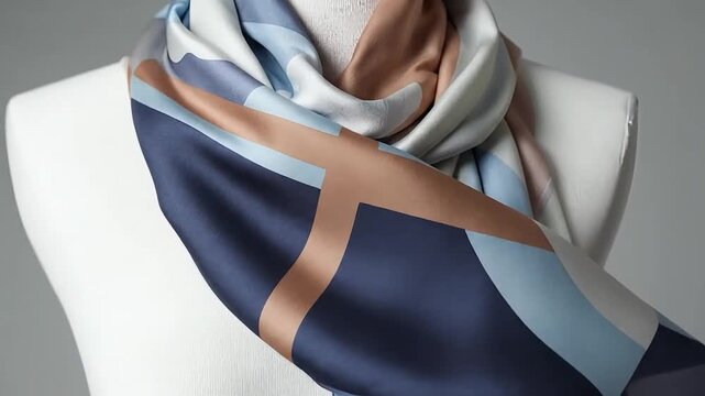 A luxurious silk scarf with a geometric pattern displayed on a mannequin.
