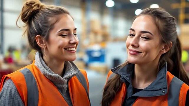 Two smiling women in safety vests stand close in a warehouse.