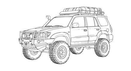 Off-road SUV with Roof Rack and Snorkel - Line Art Illustration © Ellaut