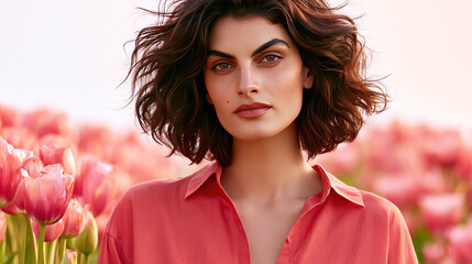 Naklejka premium Woman in Pink Shirt Amidst Tulips