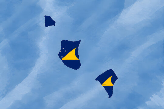 Tokelau map with territorial flag on watercolor background