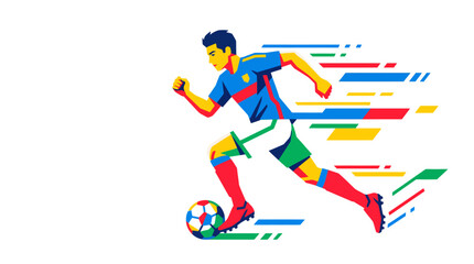 Obraz premium Soccer player sprinting and dribbling ball vector illustration. Fast football athlete running with speed lines in colorful geometric flat design isolated on white background.