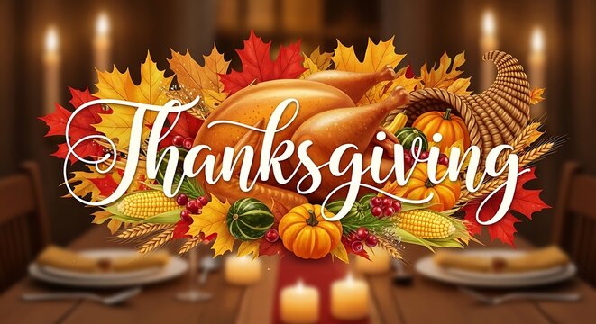 Thanksgiving dinner table setting with traditional food and decorations