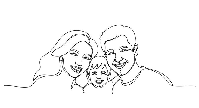 Happy Family Portrait: Parents and Child, Continuous Line Art Drawing