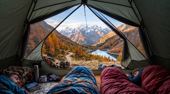 View from inside a tent at dawn with two people sleeping and a stunning mountain lake landscape in autumn