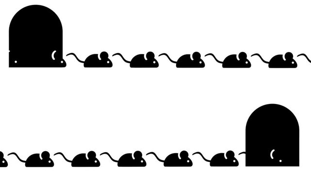A row of cartoon mice marching in a line toward a black arch-shaped mouse hole set against a dark background panel
