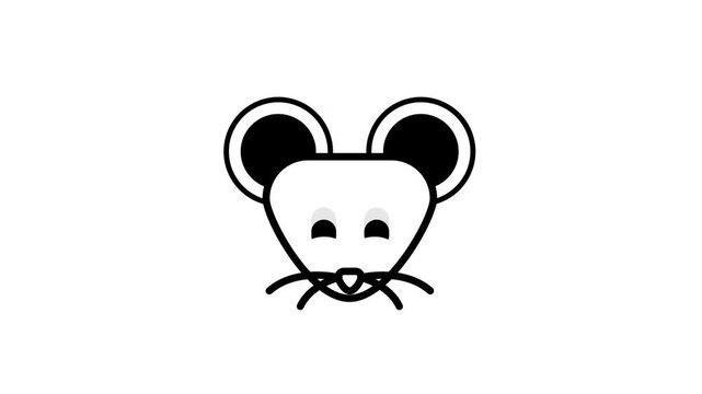 A close-up cartoon mouse face features large round ears, small oval eyes, a prominent snout, and whiskers on white