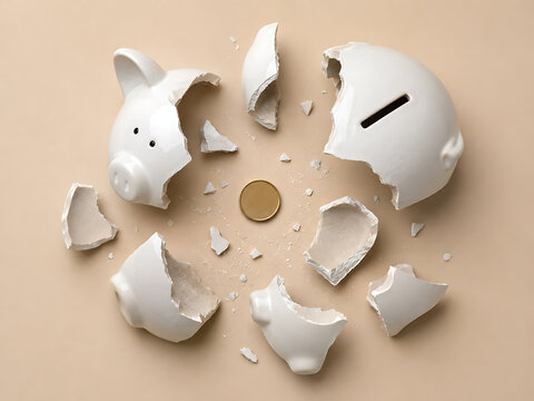 Shattered white piggy bank pieces and a single coin with shattered fragments investment bankruptcy financial moneybox business security collapse retirement destruction