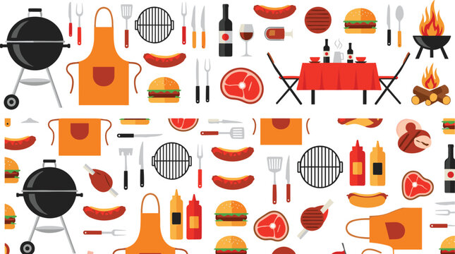 BBQ Pattern with Grill, Apron, Meat, Burger, Tools, and Campfire Colorful Vector Seamless Illustration for Barbecue Party and Cooking Design