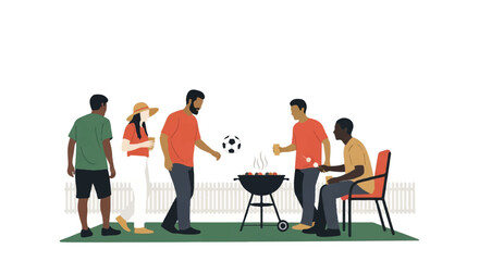 Obraz premium Flat vector illustration of multicultural friends at a backyard barbecue, one person juggling a soccer ball, minimalist grill and fence silhouette, 5-color palette of forest green, terracotta,