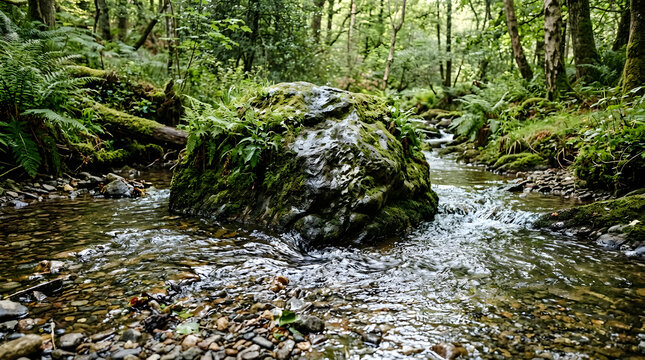 Moss-covered boulder in a forest stream with lush greenery