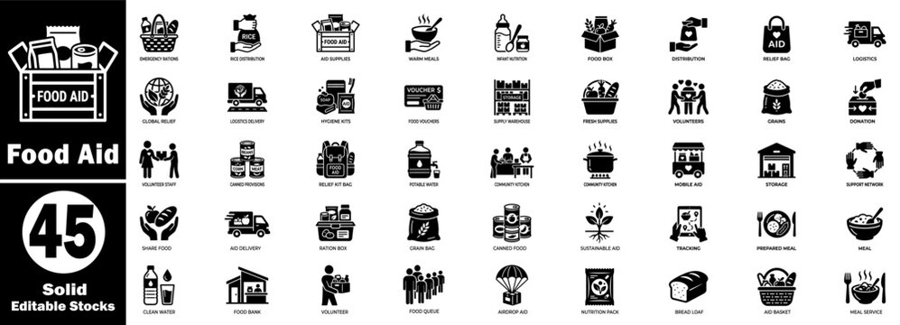 Food aid black glyph icons. Set of outline symbols for web and ui, thin line vector.