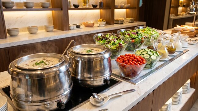 Variety of food on a buffet table in a restaurant