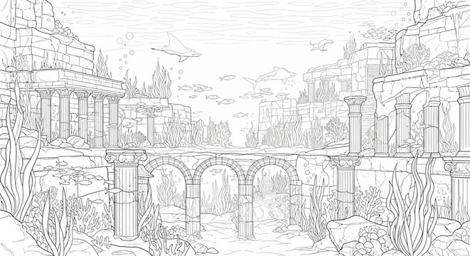 Detailed line art of a submerged bridge and ruins.