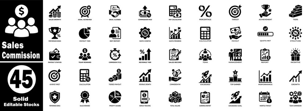 Sales commission solid icons set. Showcasing sales growth, goal achieved, deal closed, commission paid, pay calculator, and editable stock.