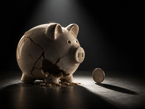 Broken piggy bank in dramatic spotlight against dark background with spotlight dramatic shipping delivery lifecycle bankruptcy investment financial insurance security