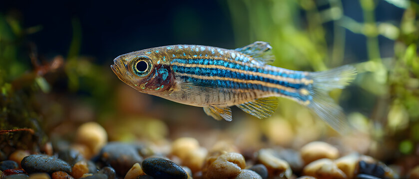 A blue zebrafish with a long body and a short neck is swimming in an aquarium. An illustration of an aquatic animal.