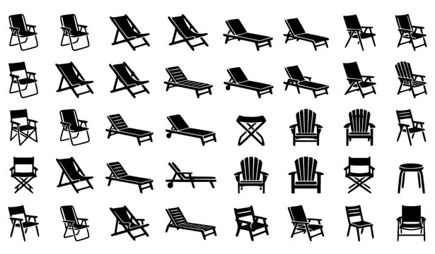 Outdoor Lawn Chair Black Icon Collection Vector Illustration Set