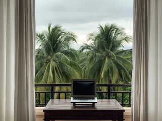 Fototapeta premium Laptop computer on wooden desk with tropical palm trees view from window