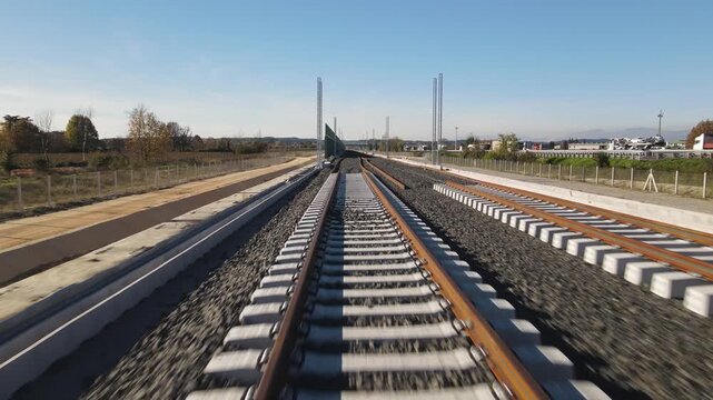 Aerial view of high-speed railway tracks with overhead power lines and a highway with trucks under a clear blue sky in Desenzano del Garda, Lombardy, Italy.
