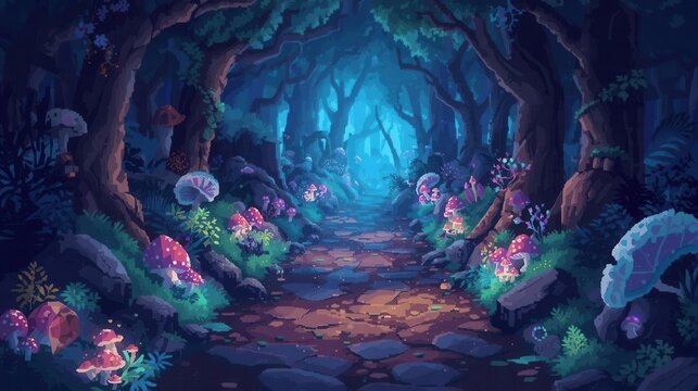 magical enchanted forest pathway with glowing bioluminescent mushrooms and fantasy plants
