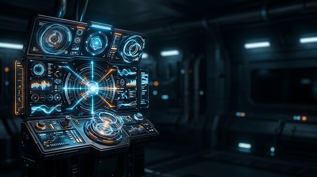 Futuristic command center console with glowing digital interfaces