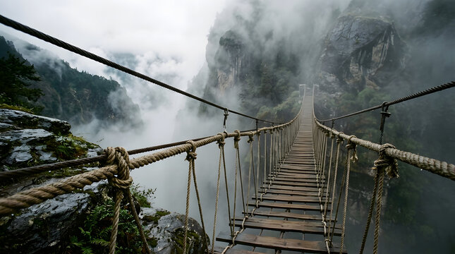 Rope bridge stretching across misty mountain gorge