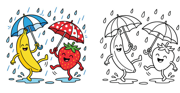 Cheerful Cartoon Banana and Strawberry Dancing in the Rain with Umbrellas
