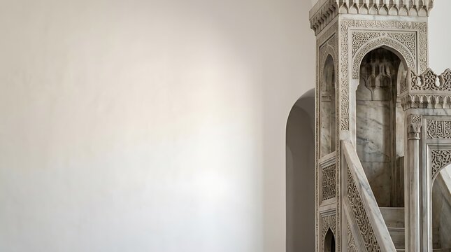 Intricate carved marble minbar in a mosque beside a white wall