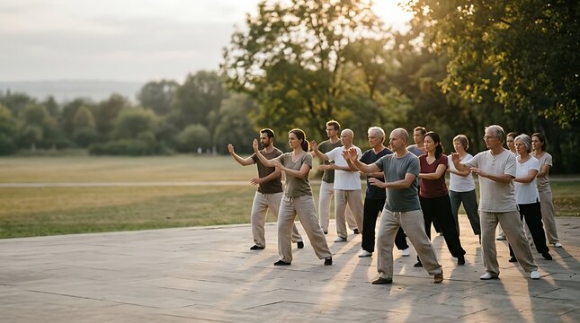 Diverse group of people practicing tai chi in a sunny park