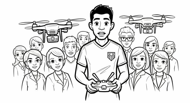 Young person controlling multiple drones with remote device.