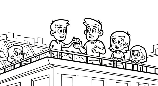 Cartoon children talking from a rooftop balcony setting.