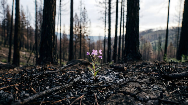 Pink wildflower growing in burned forest after wildfire