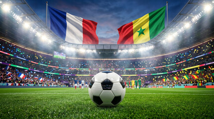 Naklejka premium Dynamic soccer match between france and senegal with vibrant stadium atmosphere