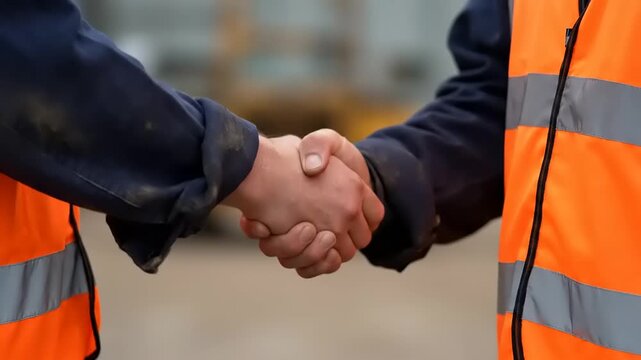 A close-up of two construction workers in high-visibility vests shaking hands, signifying partnership and collaboration in the industry