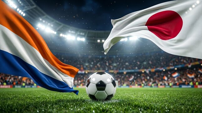 Exciting soccer match with dutch and japanese flags waving in stadium