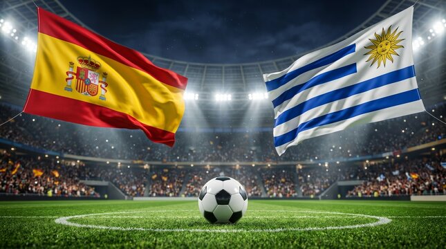 Soccer match between spain and uruguay flags on display in stadium