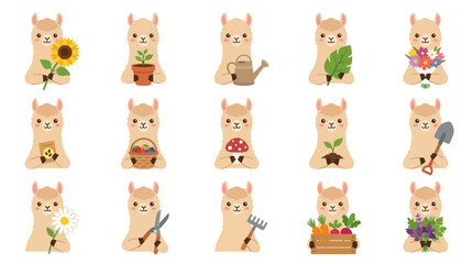 Fototapeta premium Cute Cartoon Gardening Llama and Alpaca Characters with Plants, Flowers, and Tools Flat Vector Illustration Set.