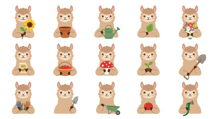 Fototapeta premium Cute Llama Alpaca Garden Characters Set, Flat Design, Vector Stock Art