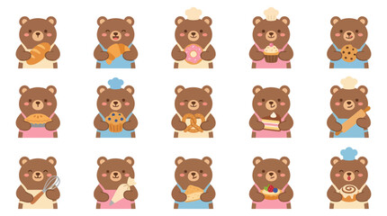 Obraz premium Cute Bear Bakers Holding Pastries and Bread, Flat Vector Illustration