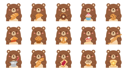 Obraz premium Cute cartoon bears holding various baked goods, flat vector illustration, food concept