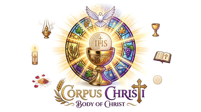 The logo consists of a consecrated host (Eucharistic bread) inside a stylized golden chalice, both seen in soft perspective.2