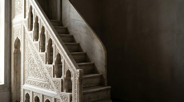 Ornate white marble mosque minbar staircase with intricate carvings