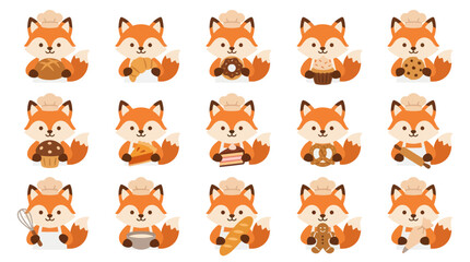 Fototapeta premium Cute Fox Baker Cartoon Character with Baked Goods Collection