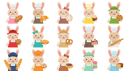 Obraz premium Cute Cartoon Flat Vector Rabbits as Bakers and Chefs, Adorable Bunny Characters for Food and Bakery Industry