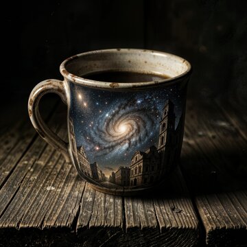 A single, antique coffee cup sits on a weathered wooden table, its surface reflecting a swirling galaxy of cosmic dust