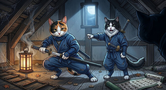 A brave calico cat ninja holding a katana and a tuxedo cat ninja pointing into the darkness, confronting an enemy in a castle attic at night, generative AI