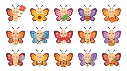Fototapeta premium Cute Spring Gardening Butterflies Flat Vector Illustration Set. Adorable Cartoon Nature Characters Collection for Kids.