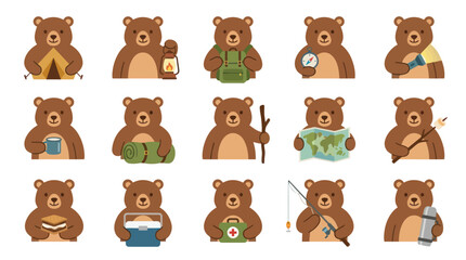 Fototapeta premium Cute Camping Bears in Flat Style, Outdoor Adventure Vector Icons