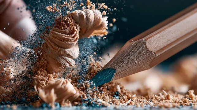 Close-up of a sharp blue pencil creating wood shavings and graphite dust